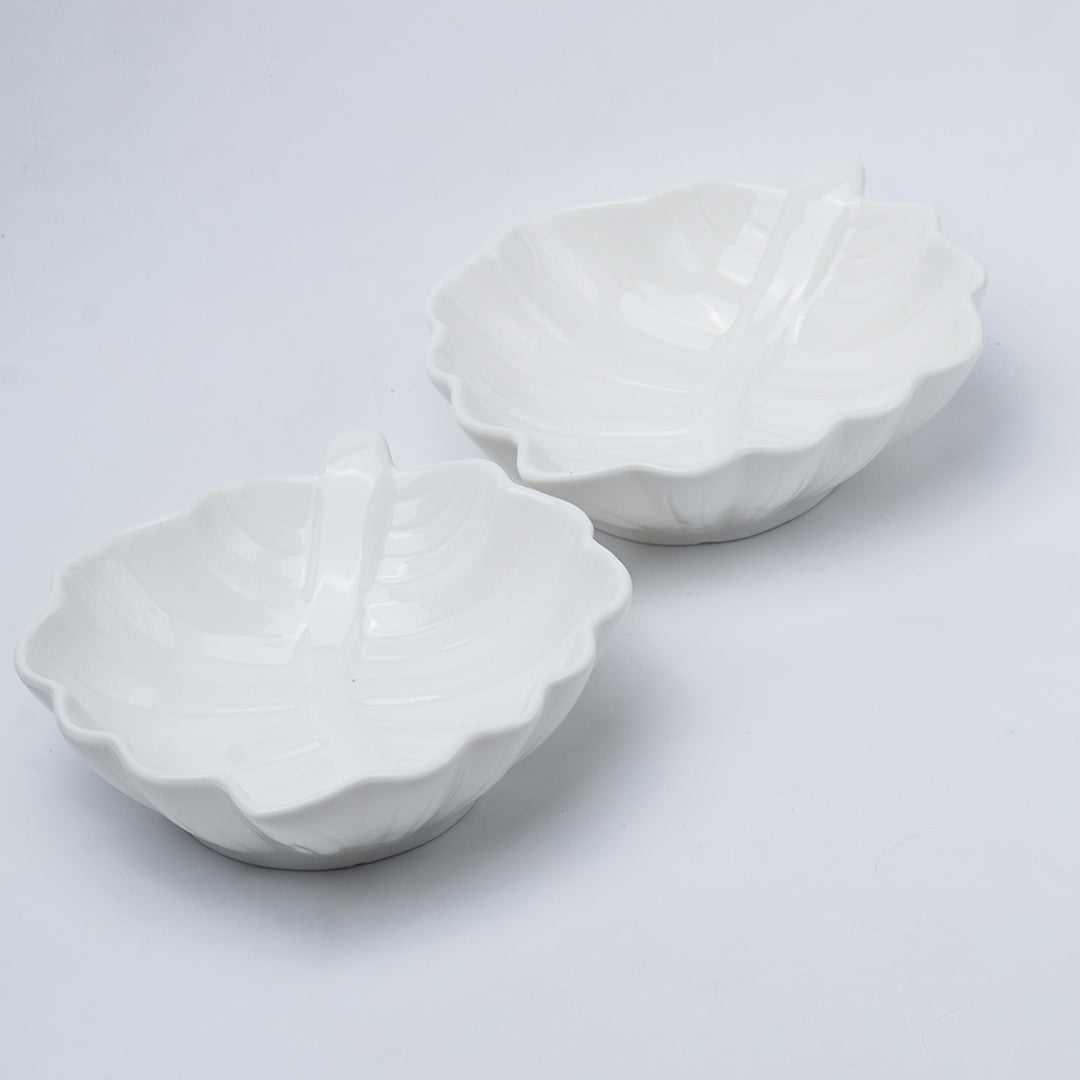 Off White Ceramic Dish - Pack Of 2, Leaf Shape
