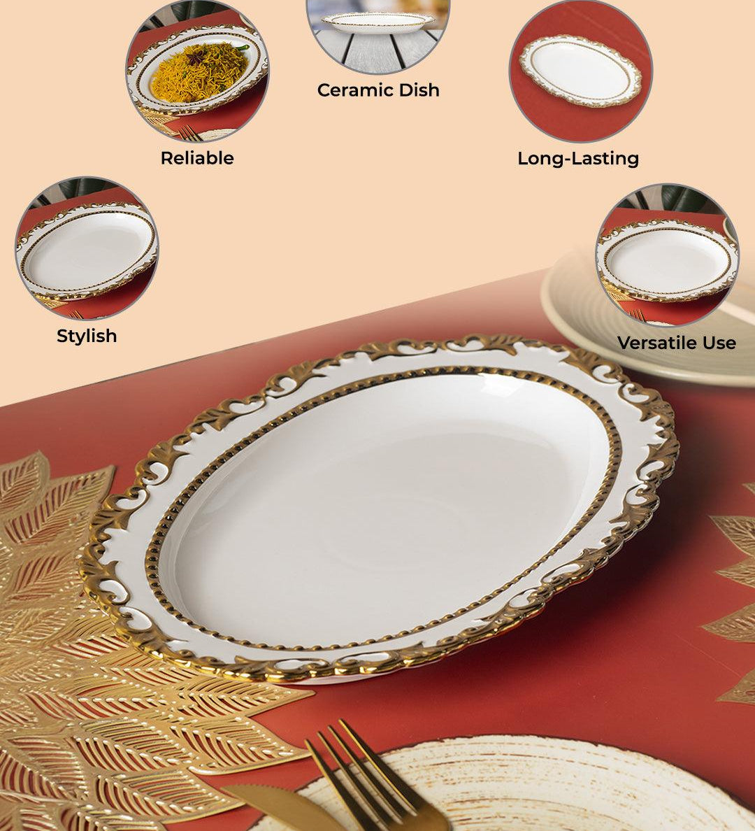 Golden Edge Glazed Serveware Dish - MARKET99
