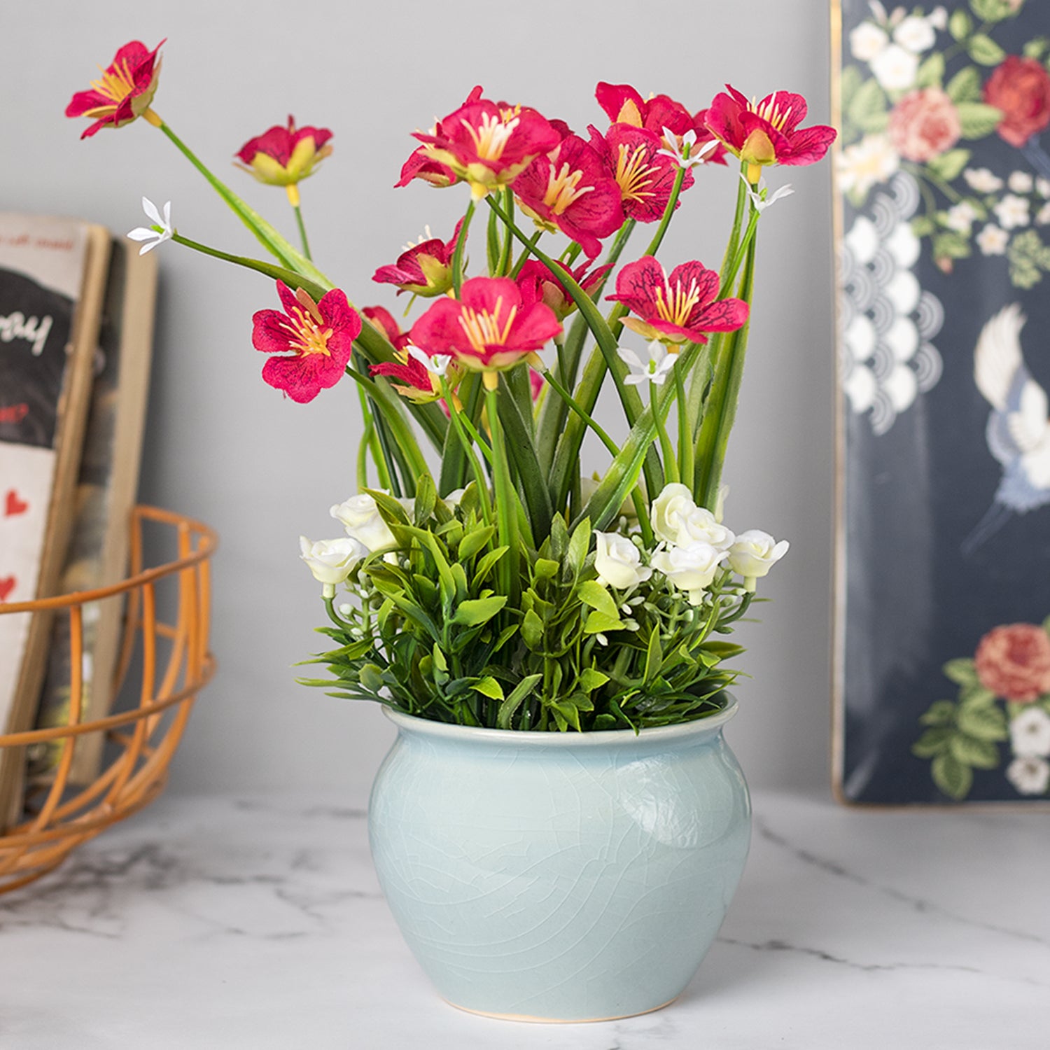 Stylish Red & Green Artificial Flower With Pot - 11 X 11 X 21Cm