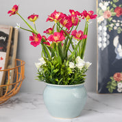 Stylish Red & Green Artificial Flower With Pot - 11 X 11 X 21Cm