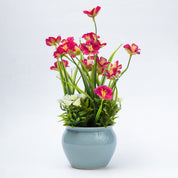 Stylish Red & Green Artificial Flower With Pot - 11 X 11 X 21Cm
