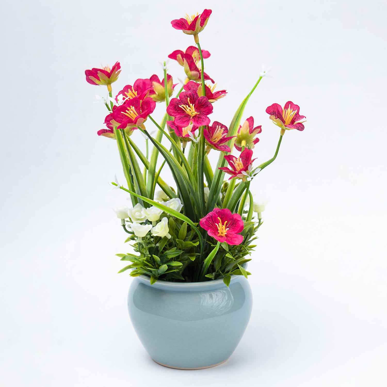 Stylish Red & Green Artificial Flower With Pot - 11 X 11 X 21Cm