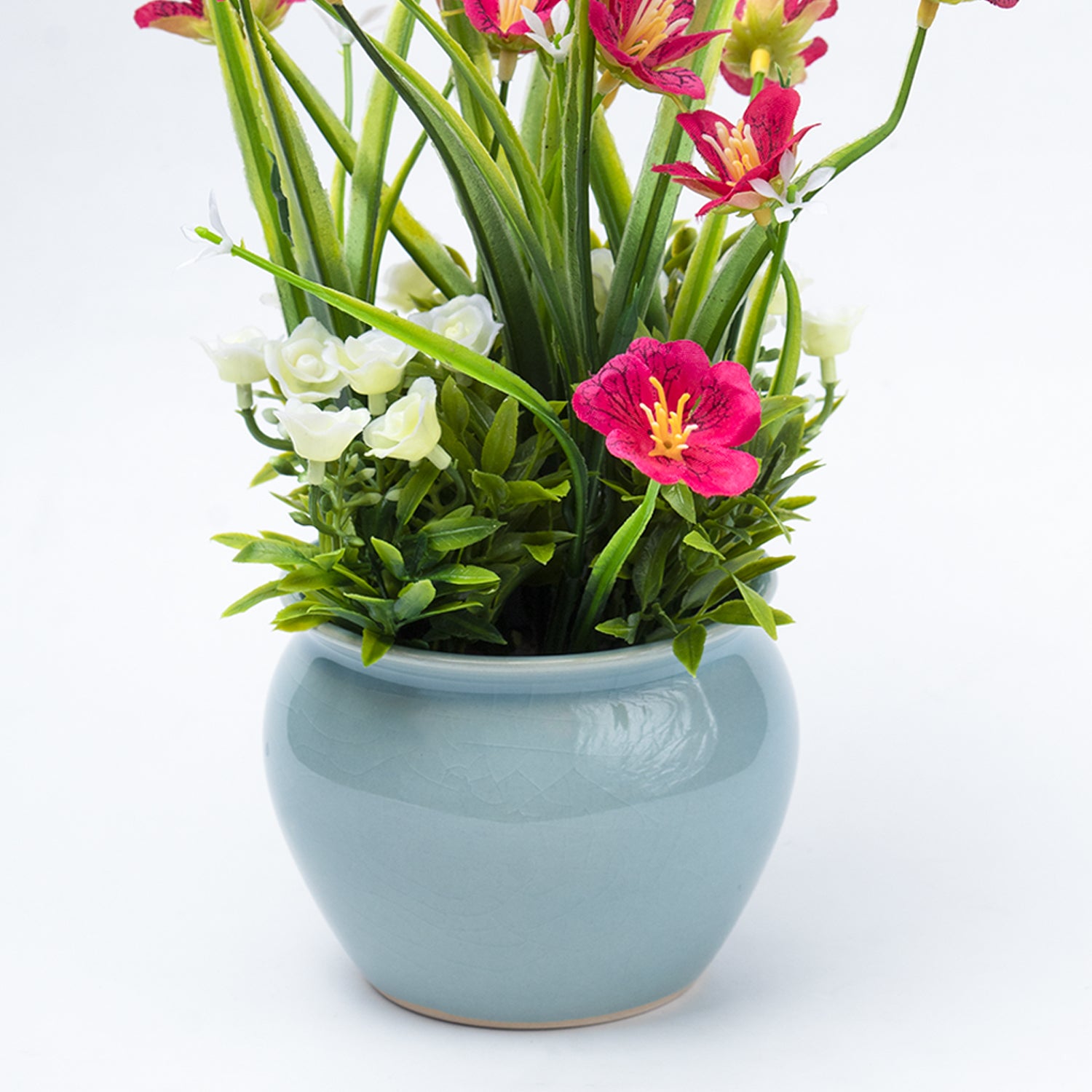 Stylish Red & Green Artificial Flower With Pot - 11 X 11 X 21Cm