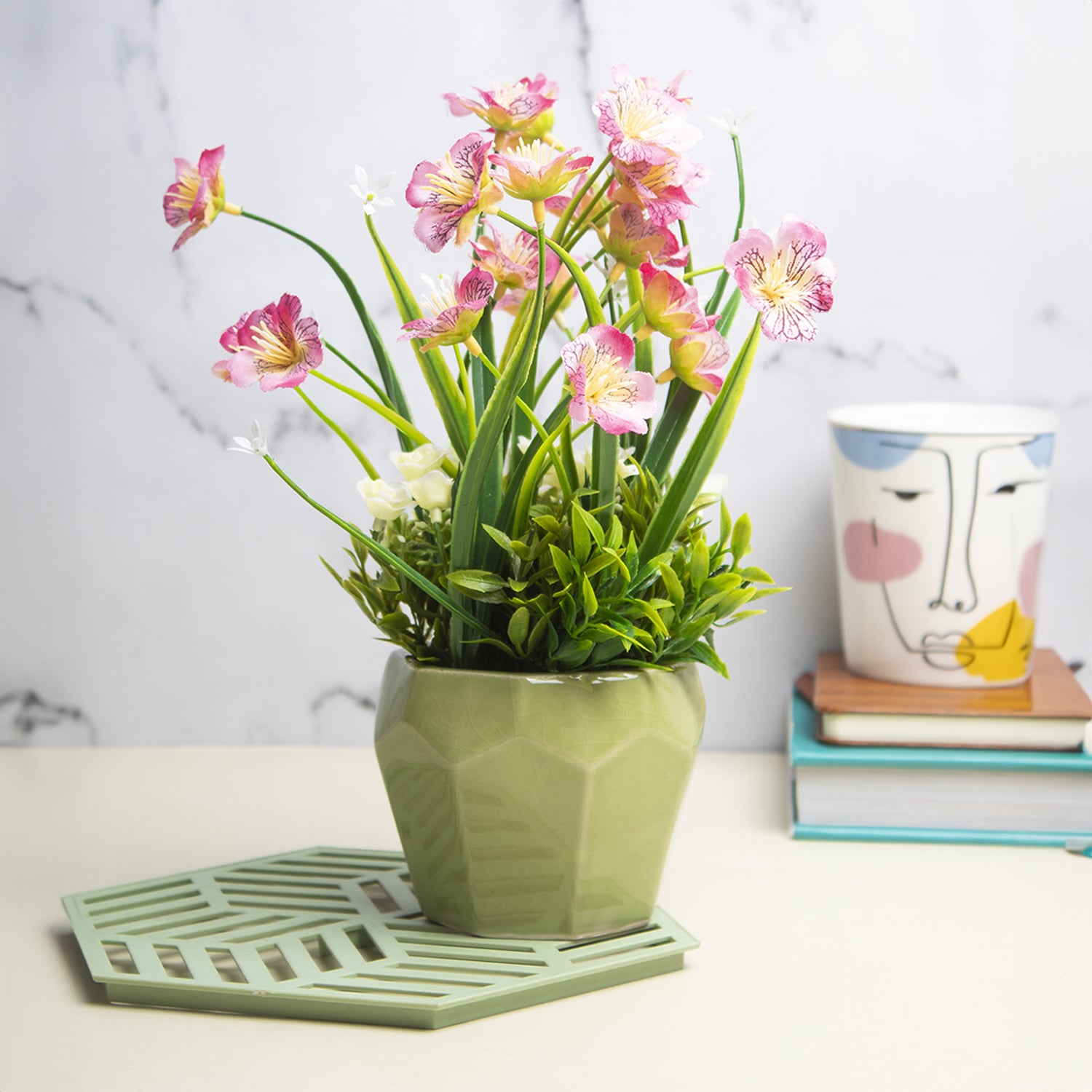 Stylish Pink & Green Artificial Flower With Pot - 10 X 10 X 22Cm