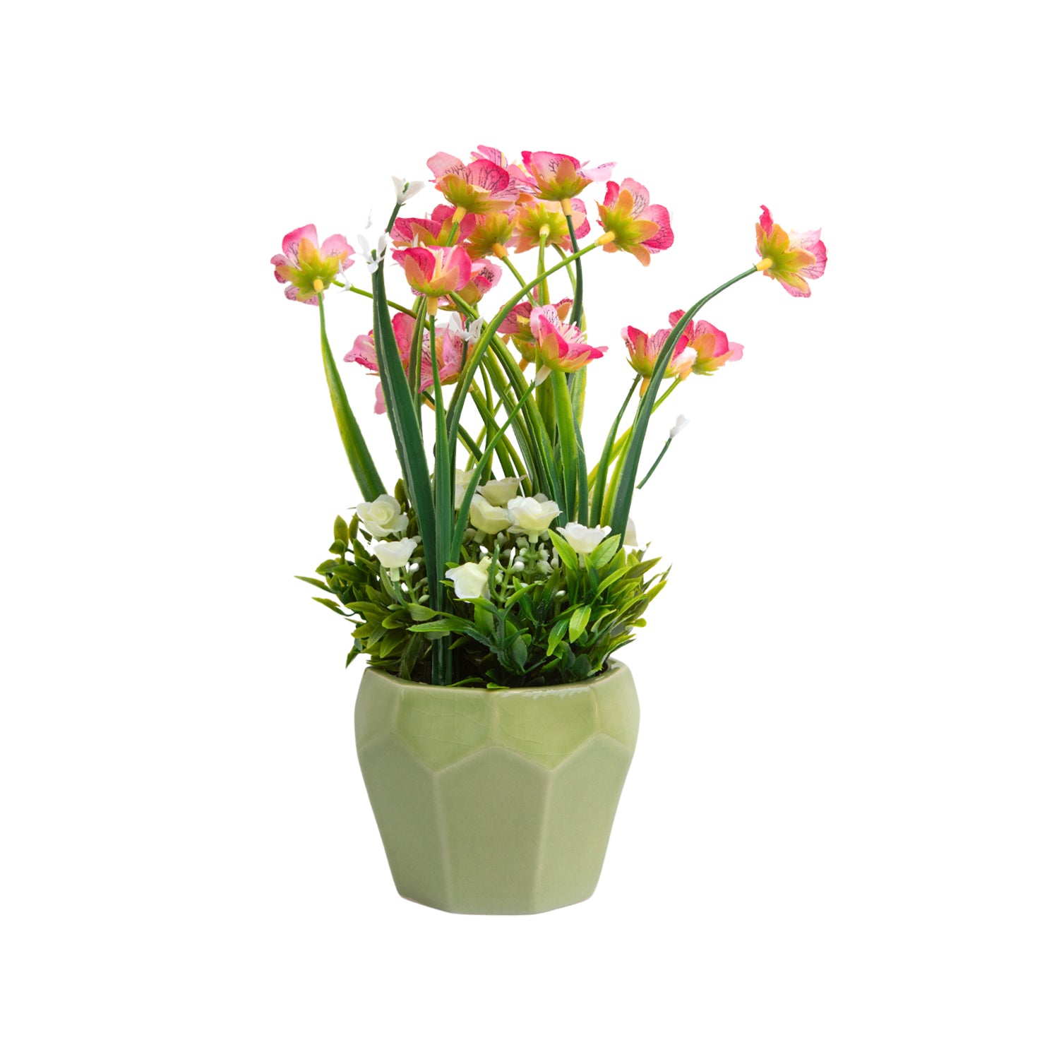Stylish Pink & Green Artificial Flower With Pot - 10 X 10 X 22Cm