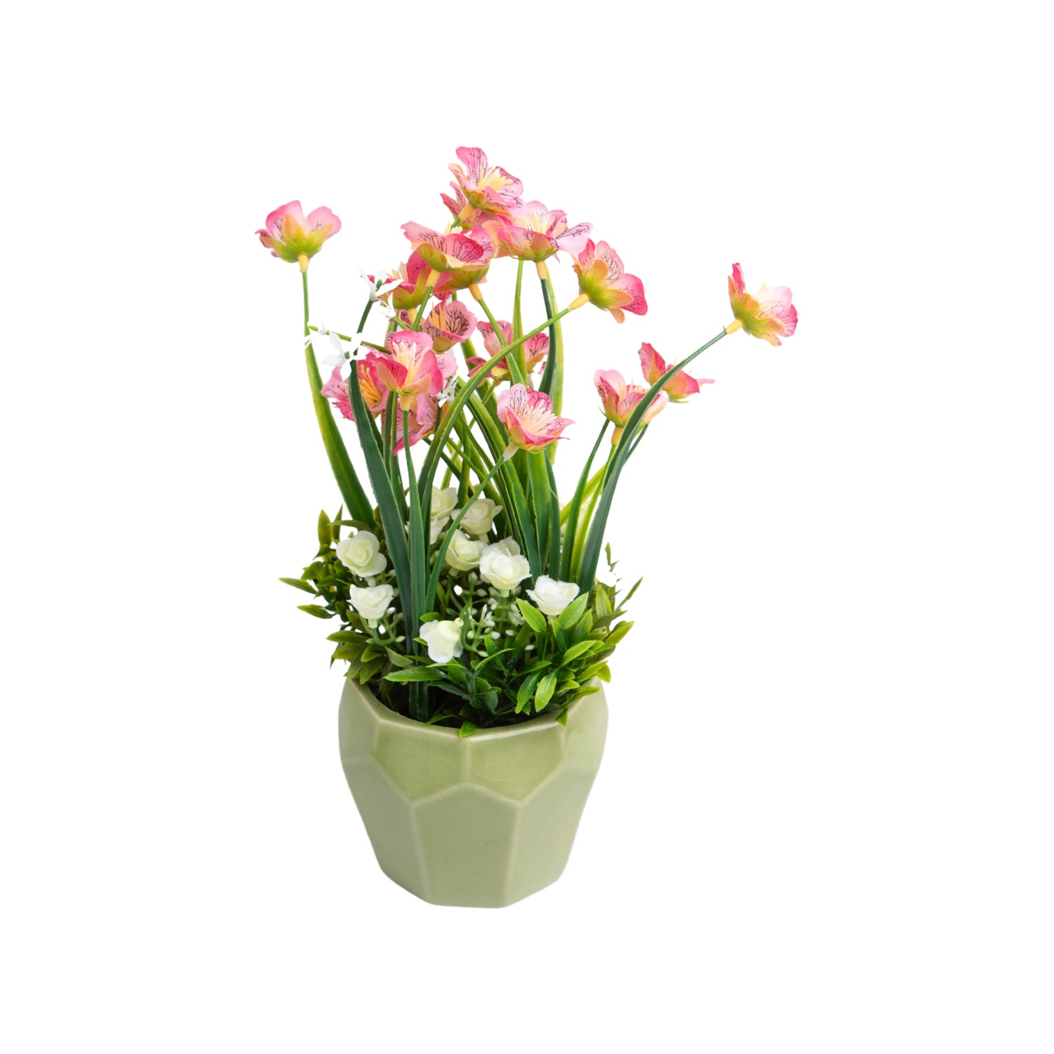 Stylish Pink & Green Artificial Flower With Pot - 10 X 10 X 22Cm