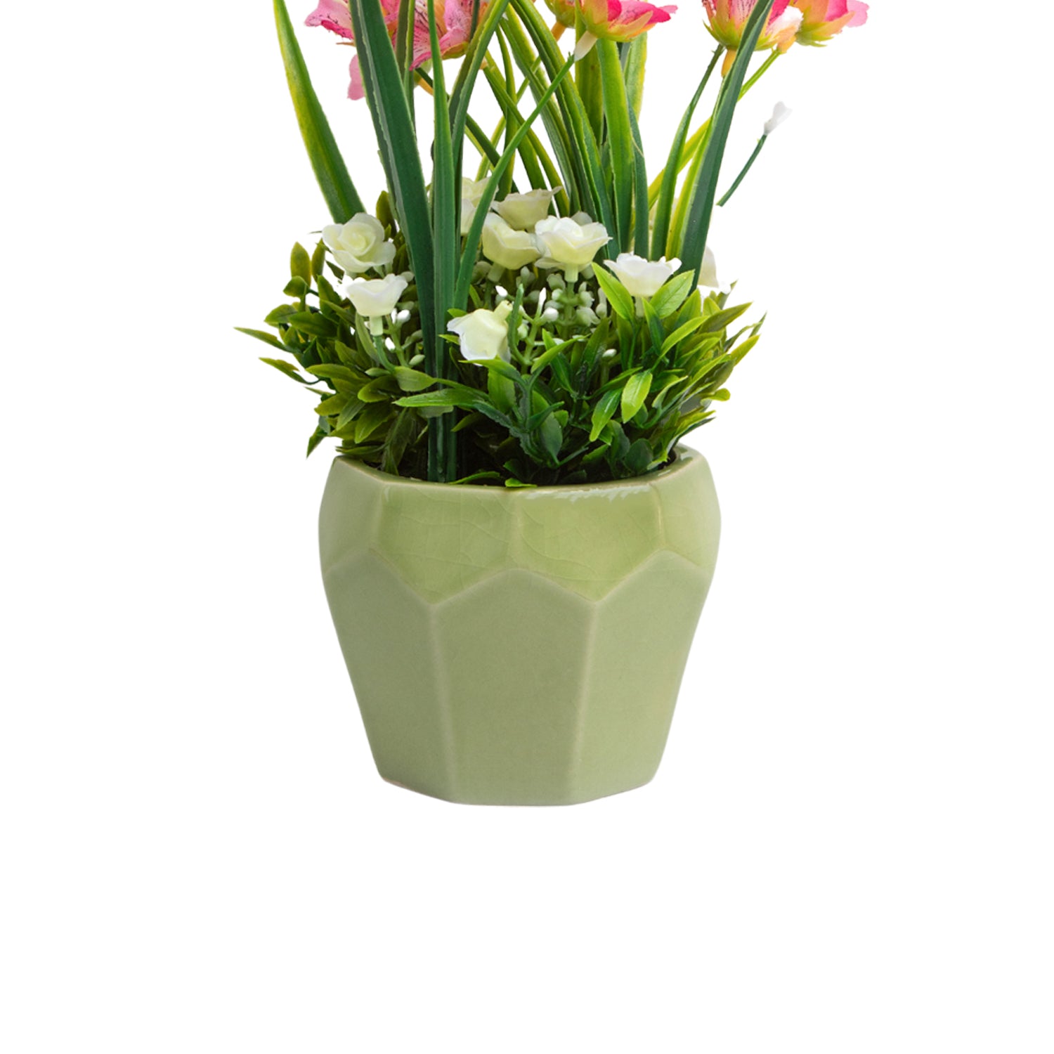 Stylish Pink & Green Artificial Flower With Pot - 10 X 10 X 22Cm