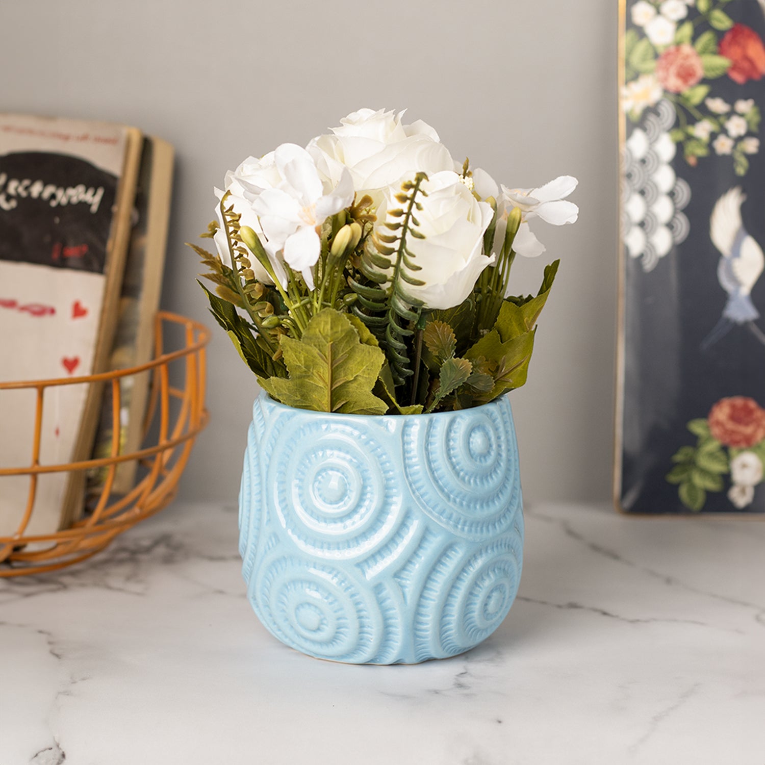 Stylish Off White Artificial Flower With Pot - 11.5 X 11.5 X 24Cm