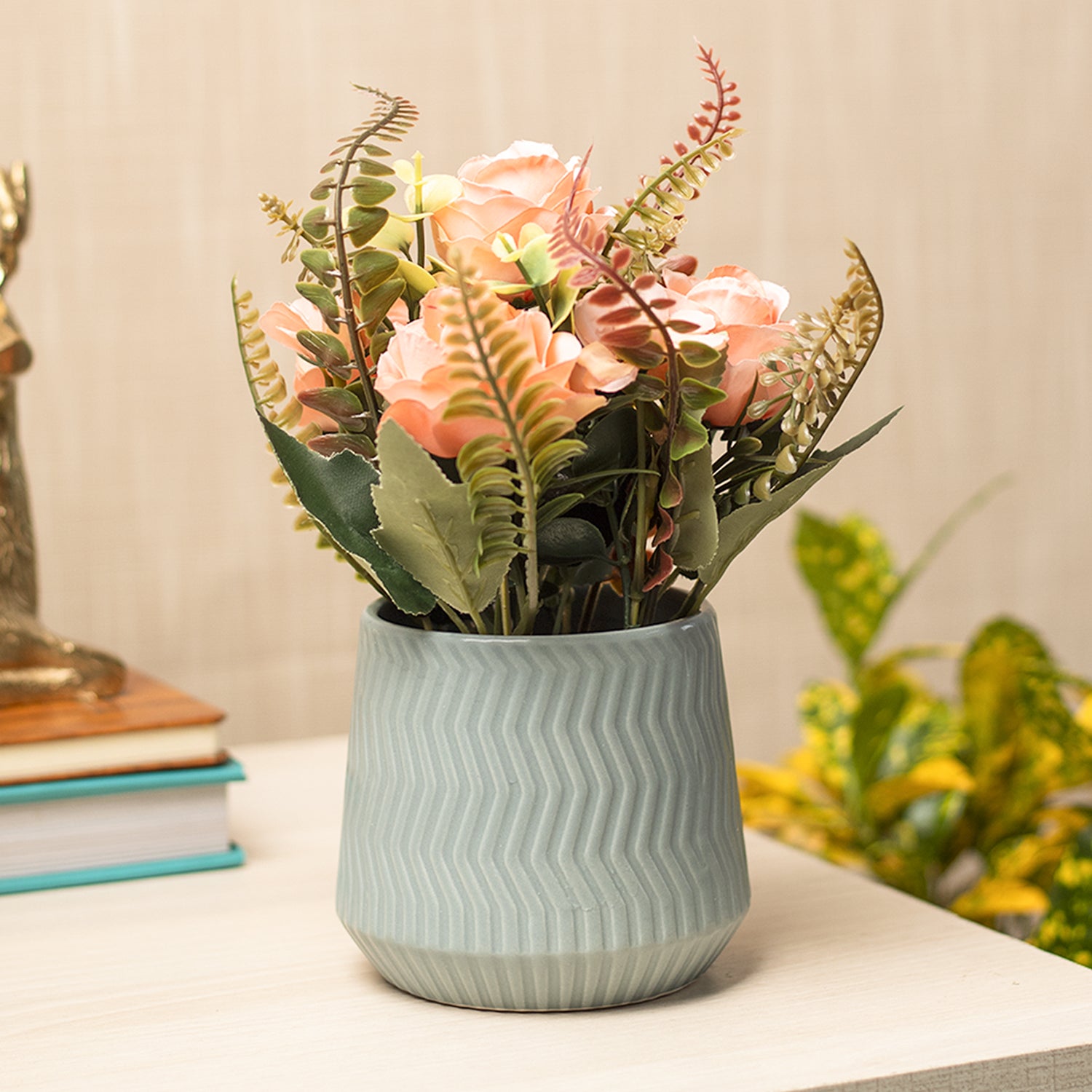 Pink Rose Flowers With Turquoise Pot