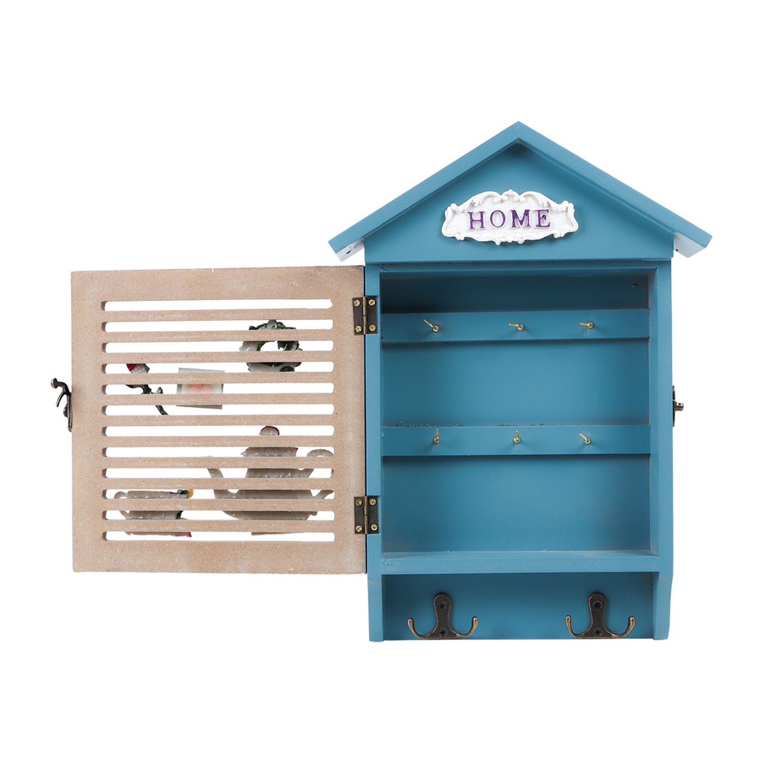 Blue & White Wood House Shaped Key Box Organiser