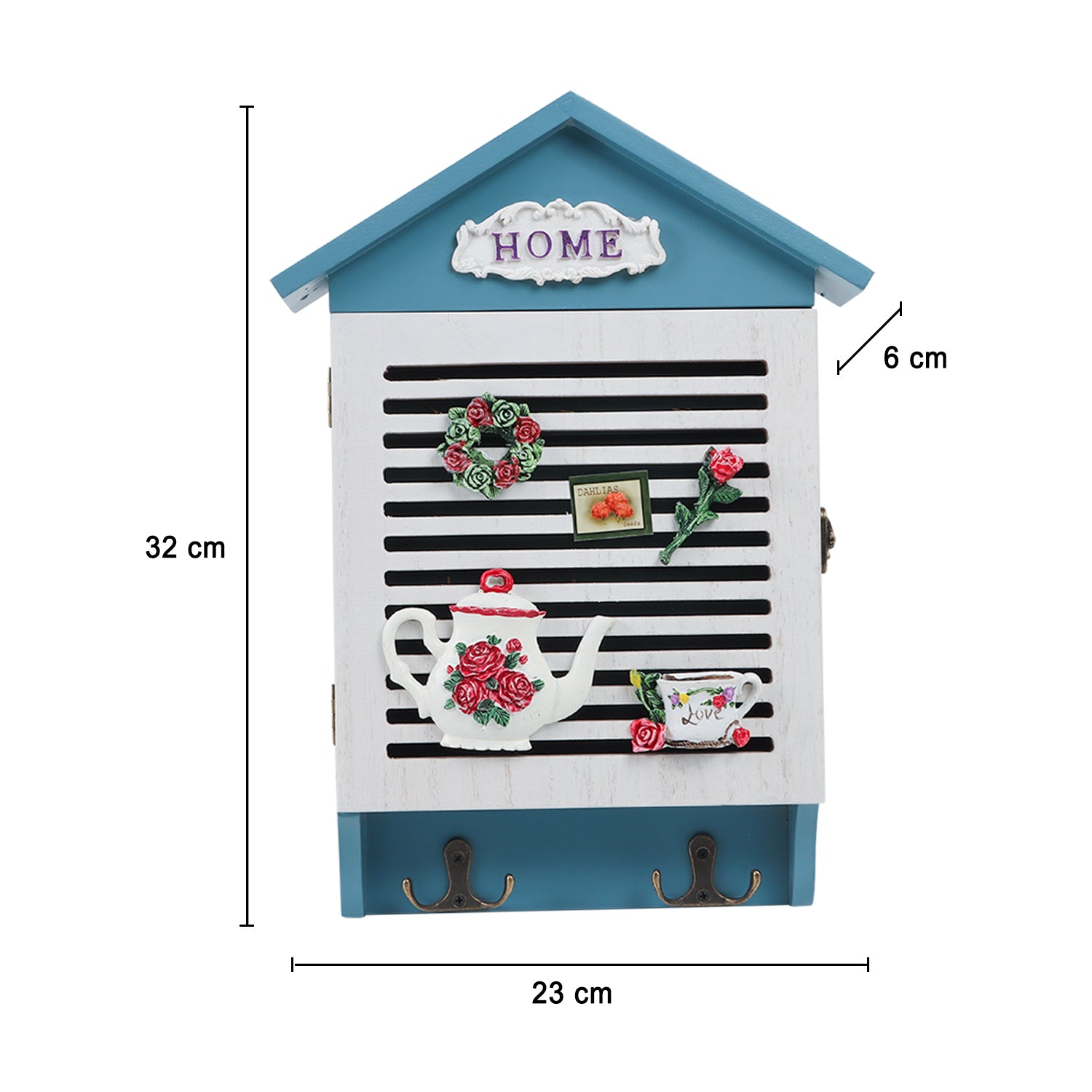 Blue & White Wood House Shaped Key Box Organiser