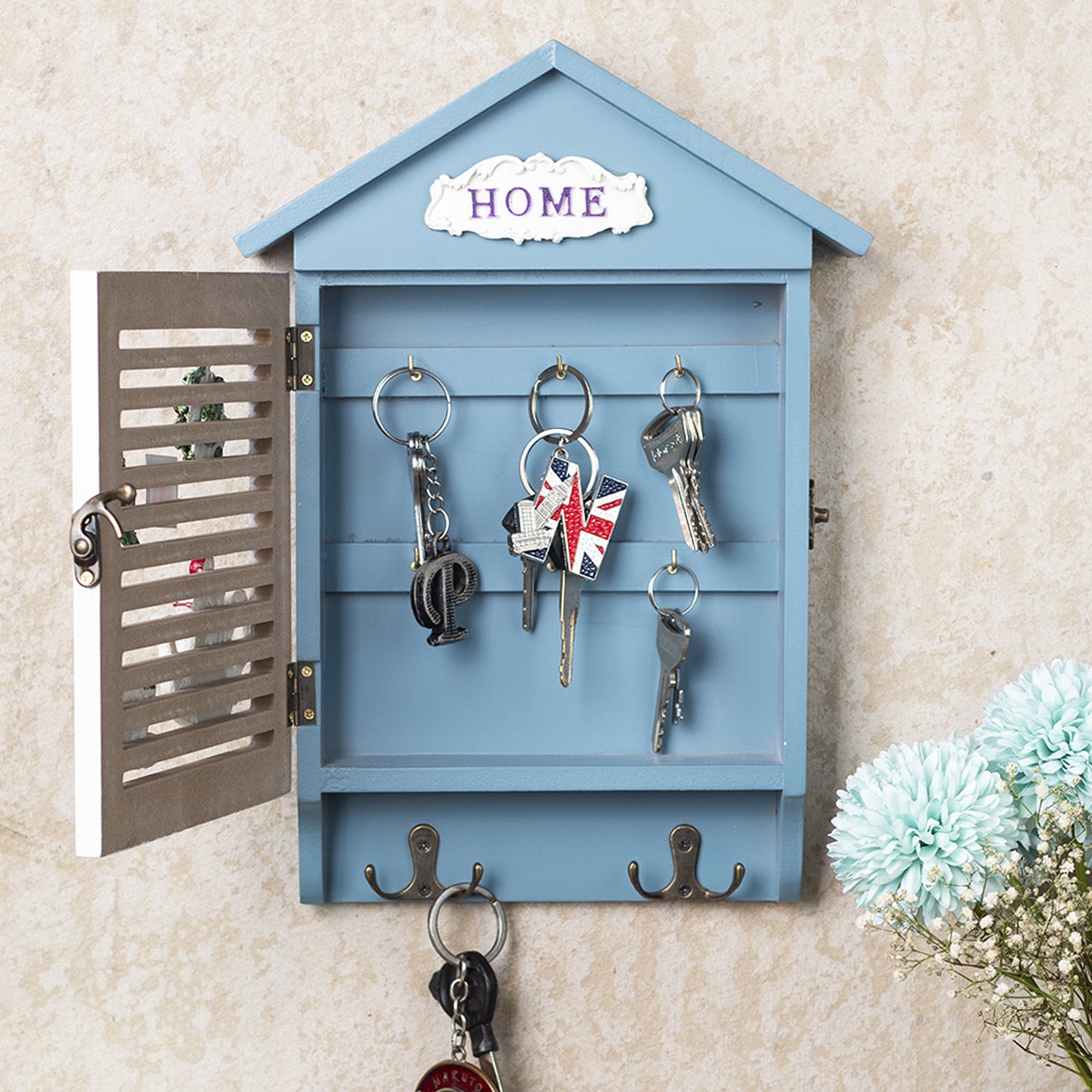 Blue & White Wood House Shaped Key Box Organiser