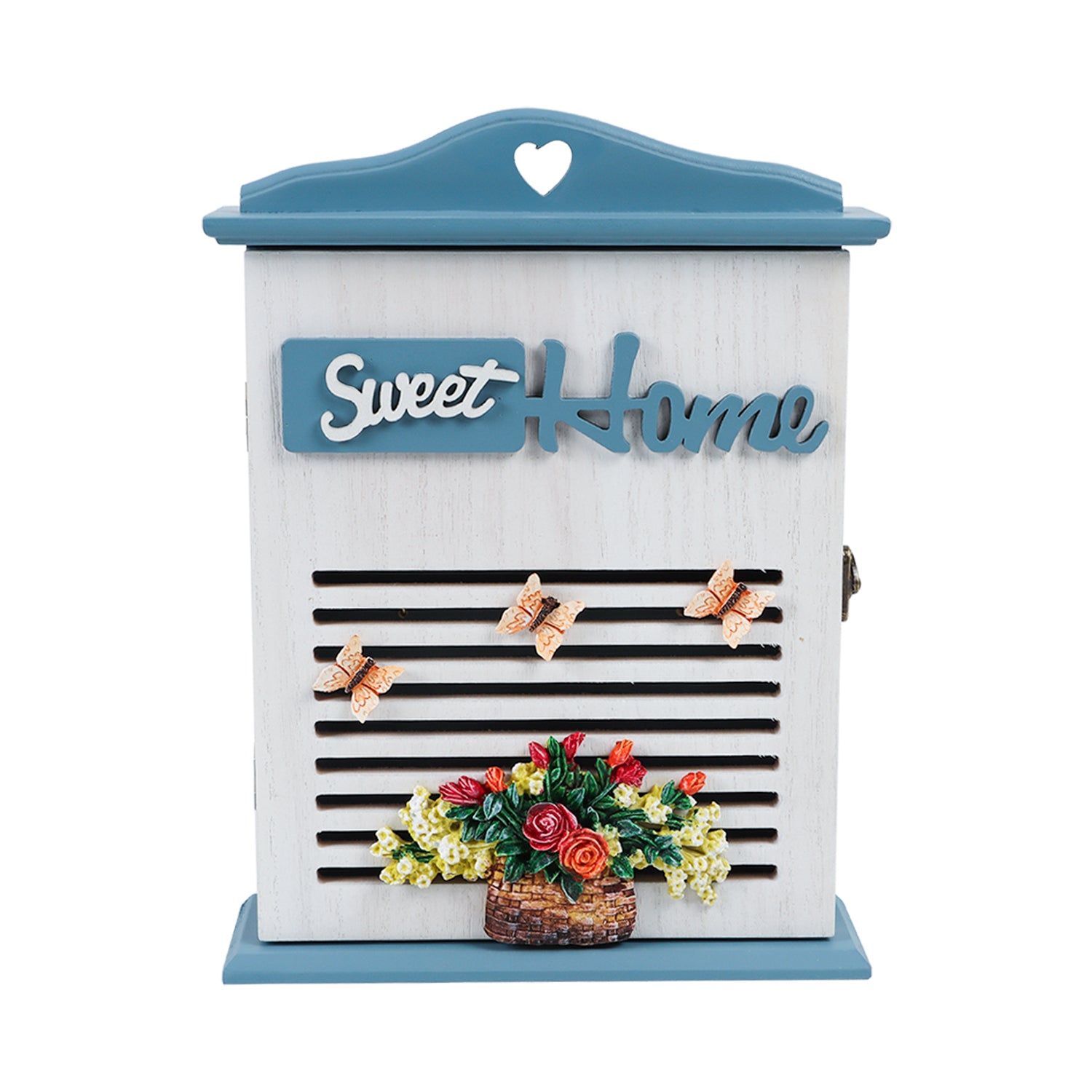 Blue & White Wood House Shaped Key Box Organiser