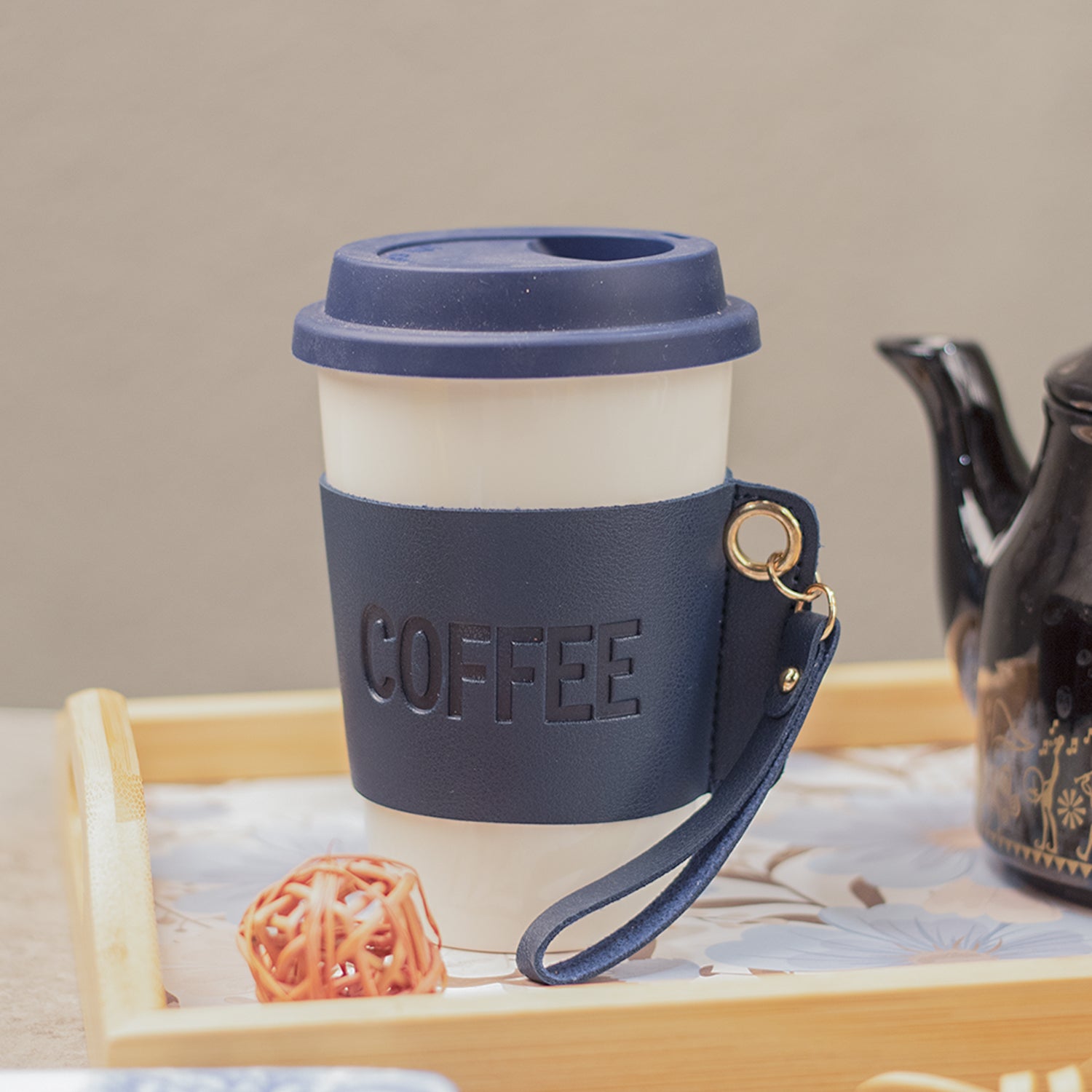 Black Ceramic Sipper - Leather Grip, 350 Ml