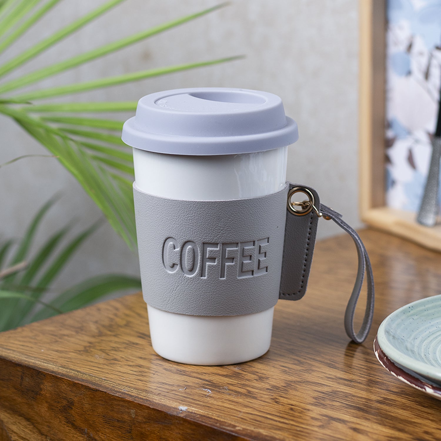Grey Ceramic Sipper - Leather Grip, 350 Ml
