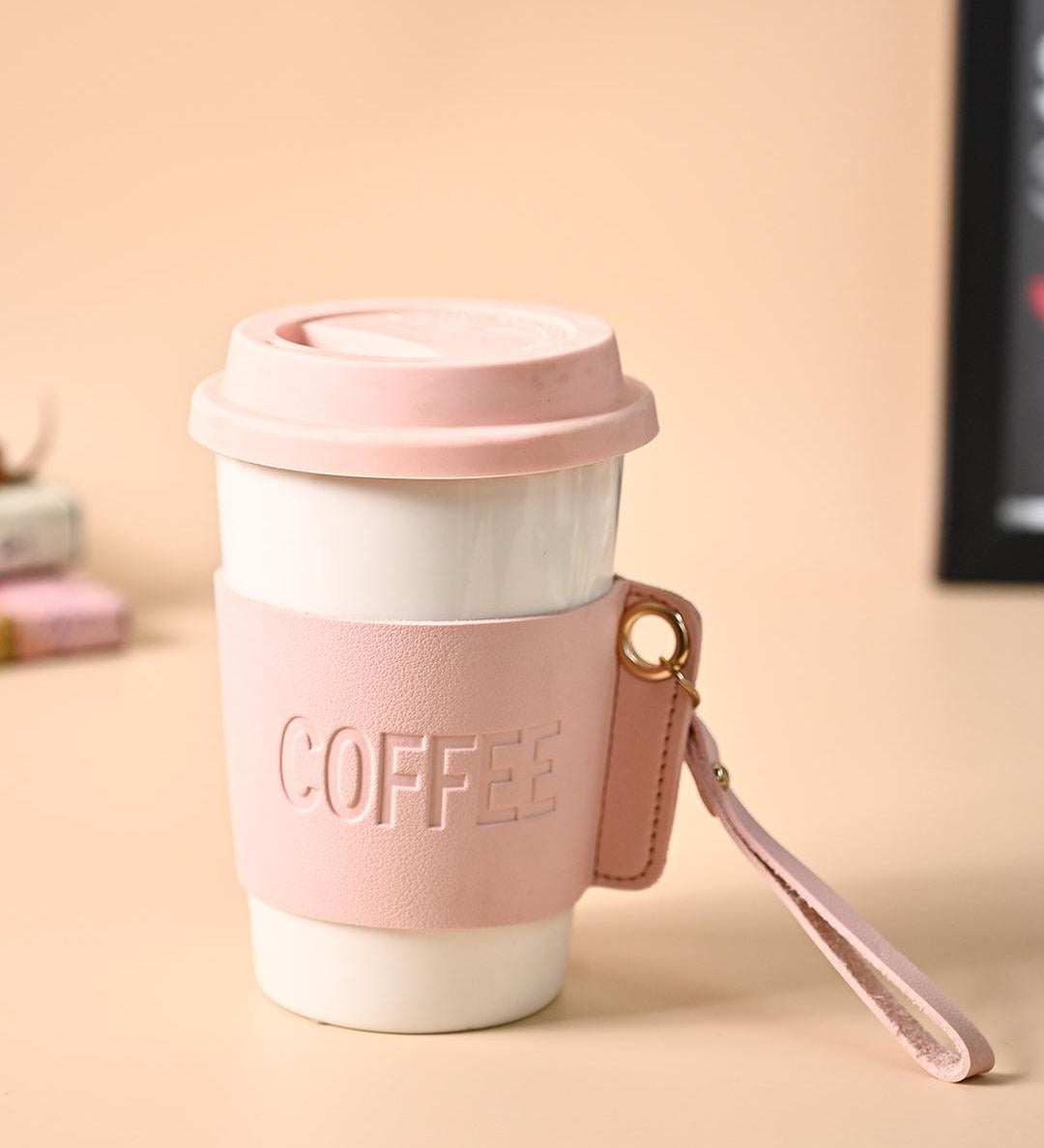 Pink Ceramic Sipper - Leather Grip, 350 Ml - MARKET99