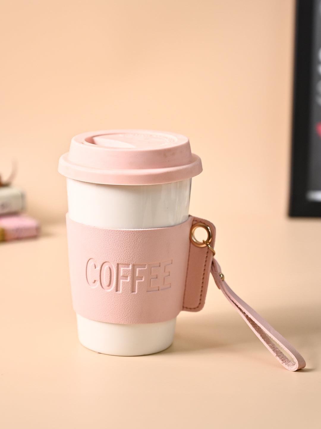 Pink Ceramic Sipper - Leather Grip, 350 Ml - MARKET99