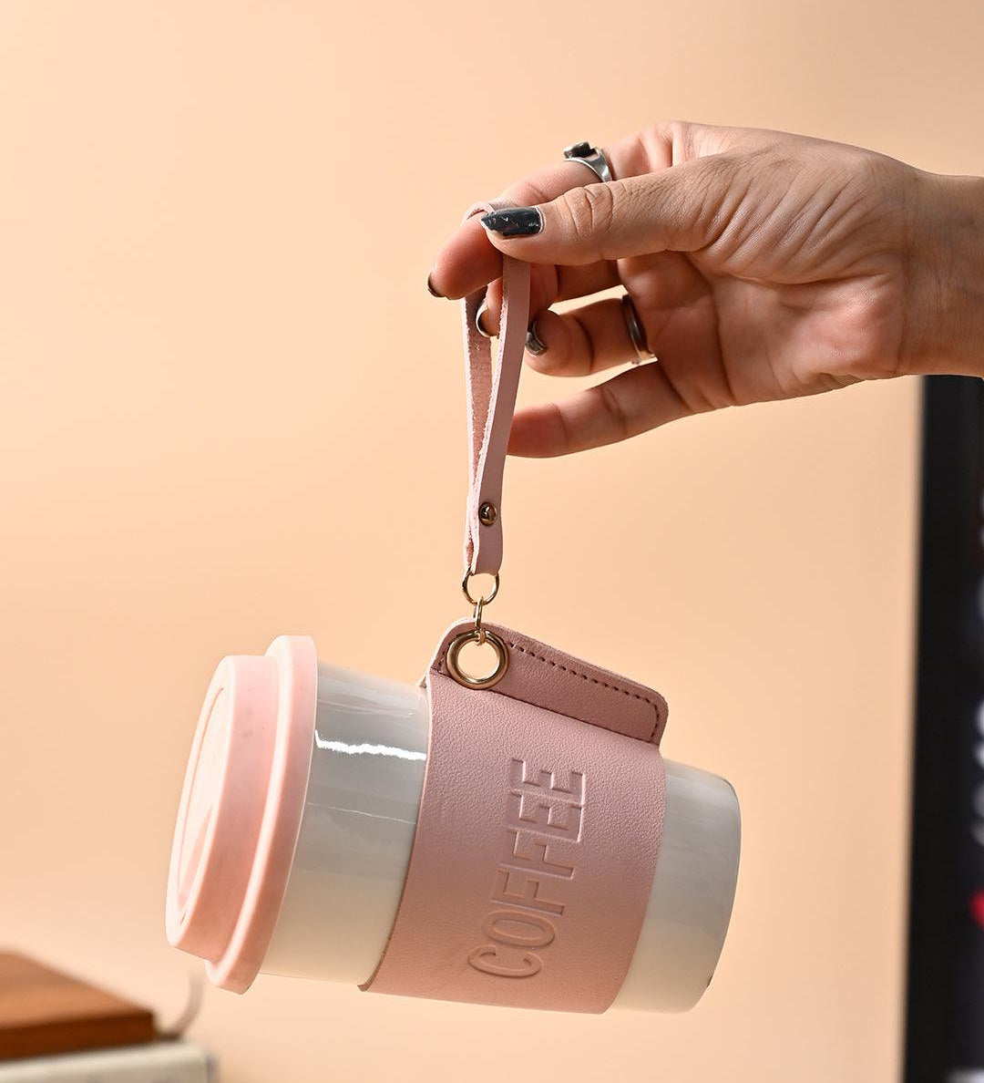 Pink Ceramic Sipper - Leather Grip, 350 Ml - MARKET99