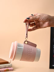 Pink Ceramic Sipper - Leather Grip, 350 Ml - MARKET99