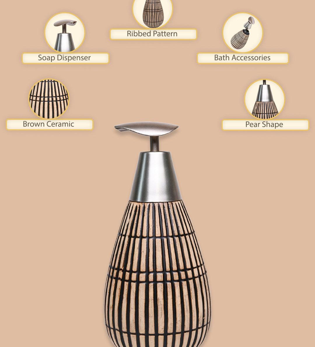 Brown Ceramic Pear Shape Soap Dispenser - Ribbed Pattern, Bath Accessories - MARKET99
