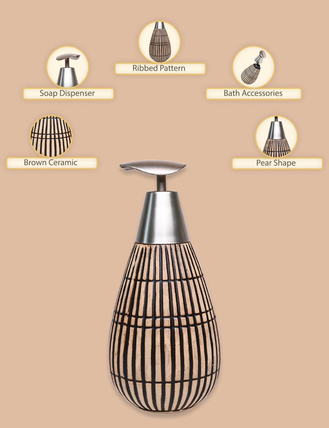Brown Ceramic Pear Shape Soap Dispenser - Ribbed Pattern, Bath Accessories - MARKET99