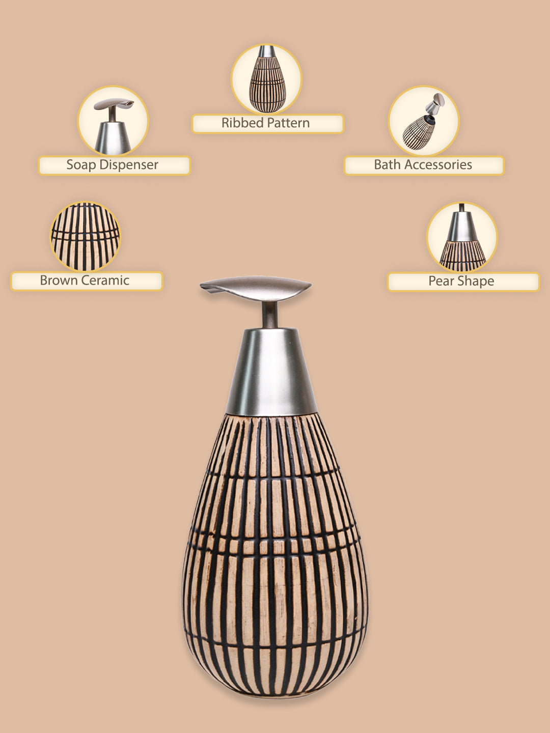 Brown Ceramic Pear Shape Soap Dispenser - Ribbed Pattern, Bath Accessories - MARKET99