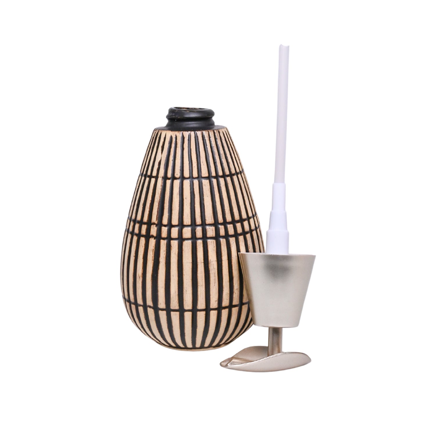 Brown Ceramic Pear Shape Soap Dispenser - Ribbed Pattern, Bath Accessories