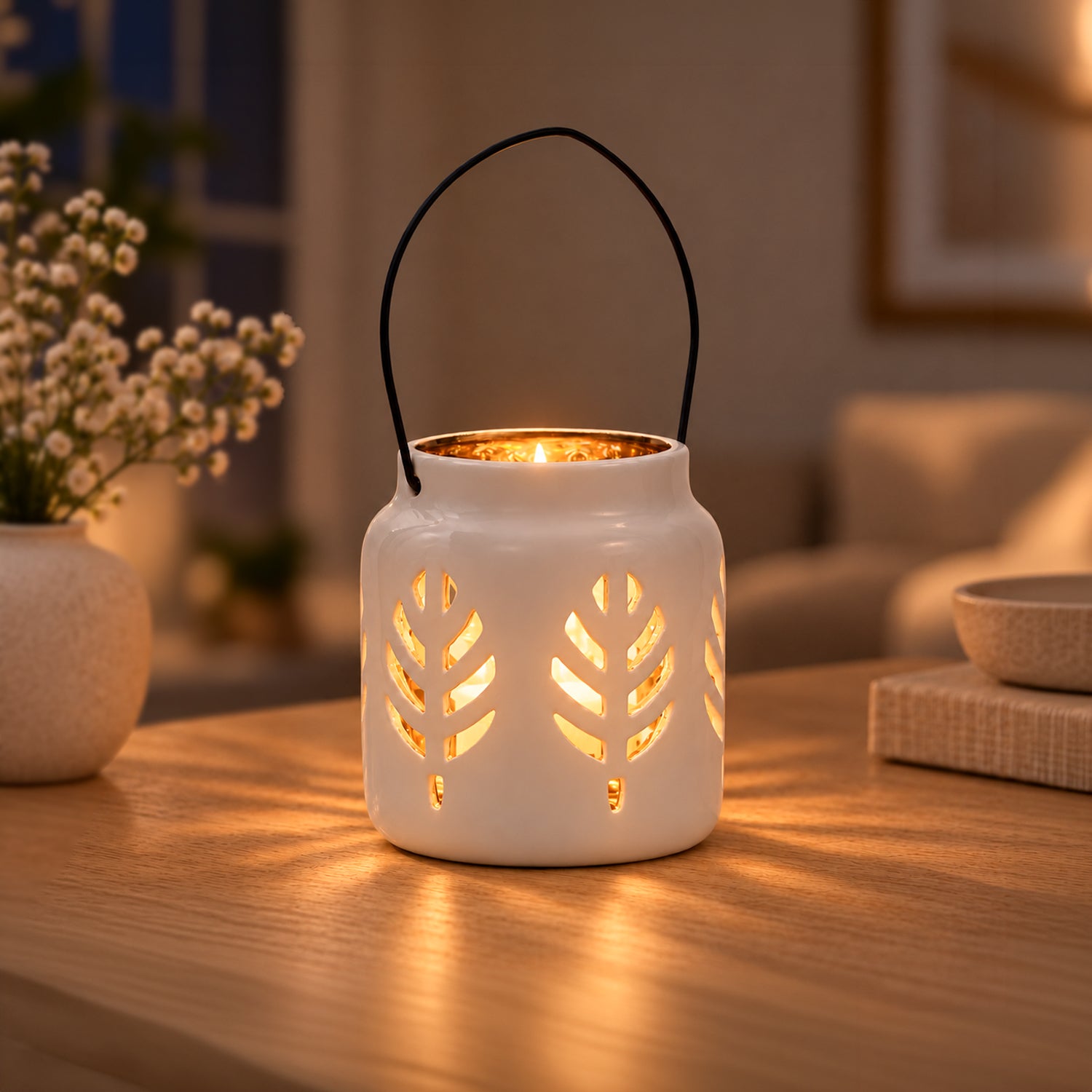 White Ceramic T-Lite Holder - Leafy Pattern, Candle Holder