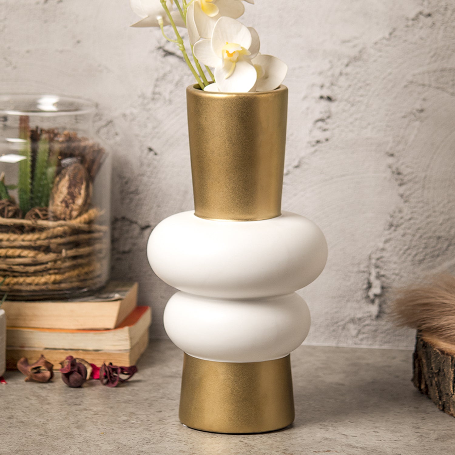 Stylish Ceramic Vase - White & Golden, Contemporary Design