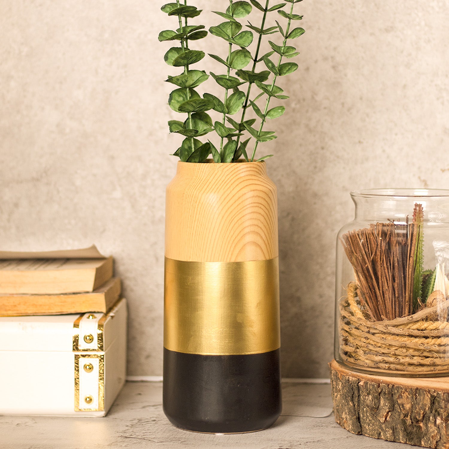Stylish Ceramic Vase - Wooden, White & Golden, Contemporary Design