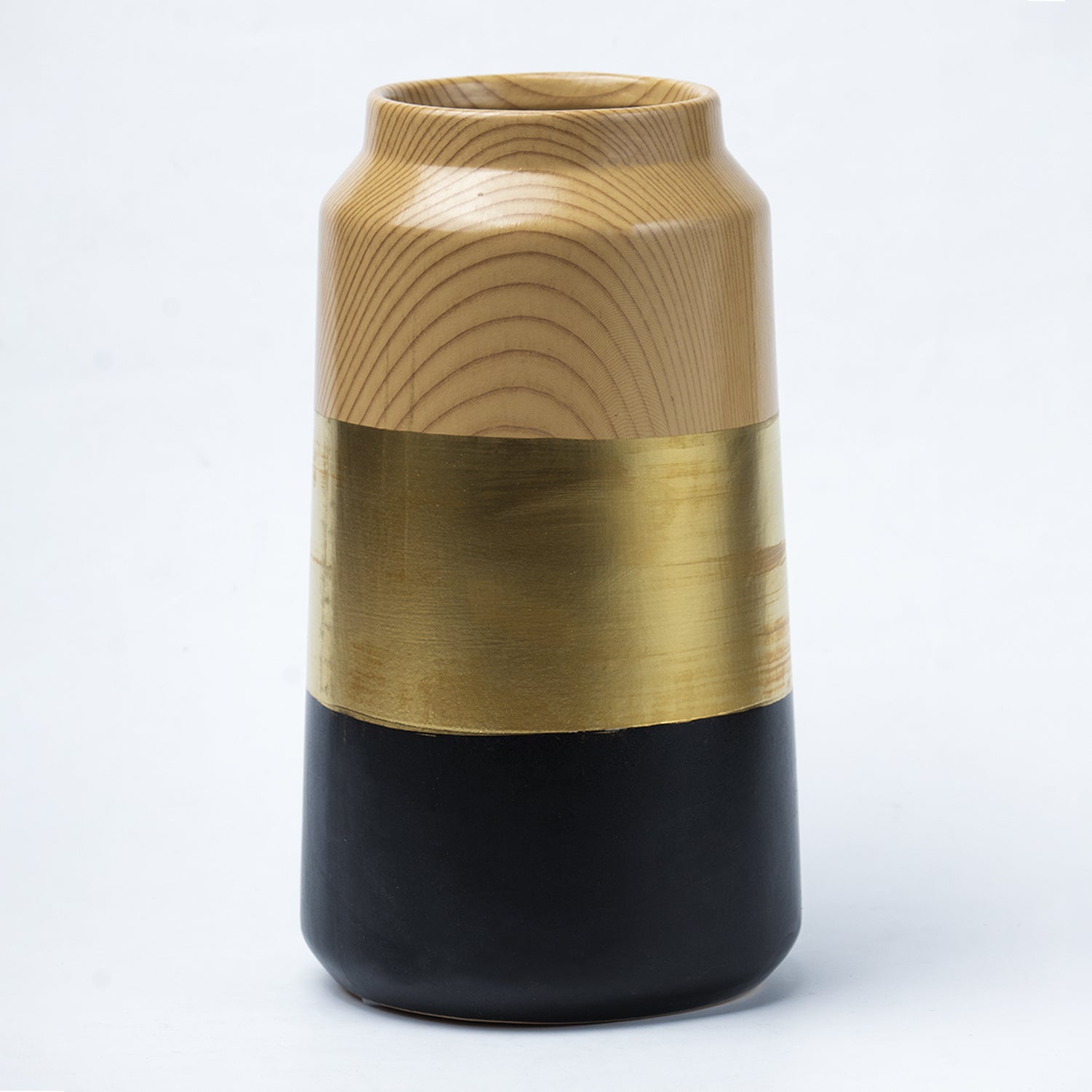 Stylish Ceramic Flower Holder Vase - Wooden, White & Golden