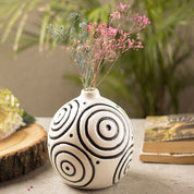Black & White Ceramic Round Vase - Cuircular Pattern, Flower Holder