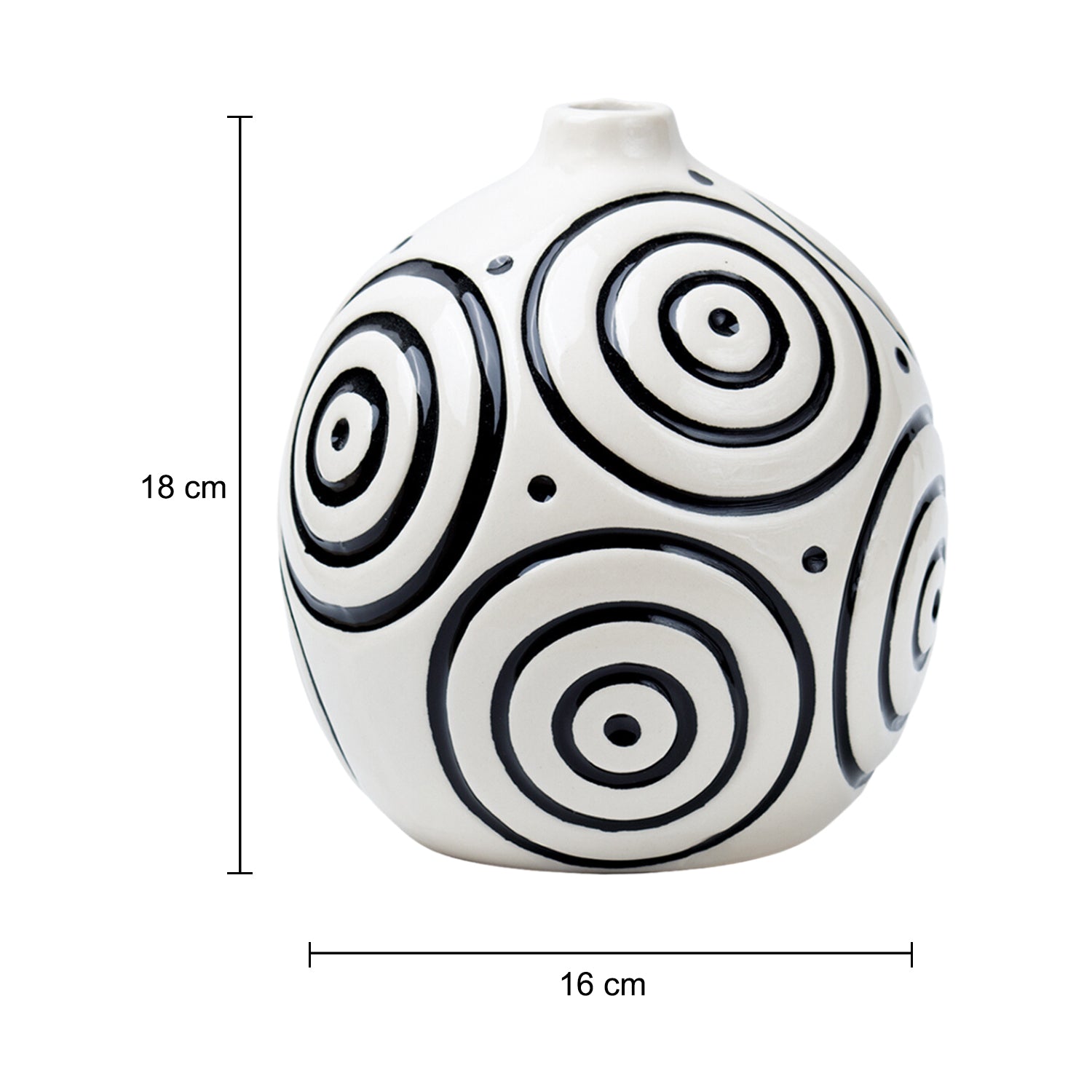 Black & White Ceramic Round Vase - Cuircular Pattern, Flower Holder