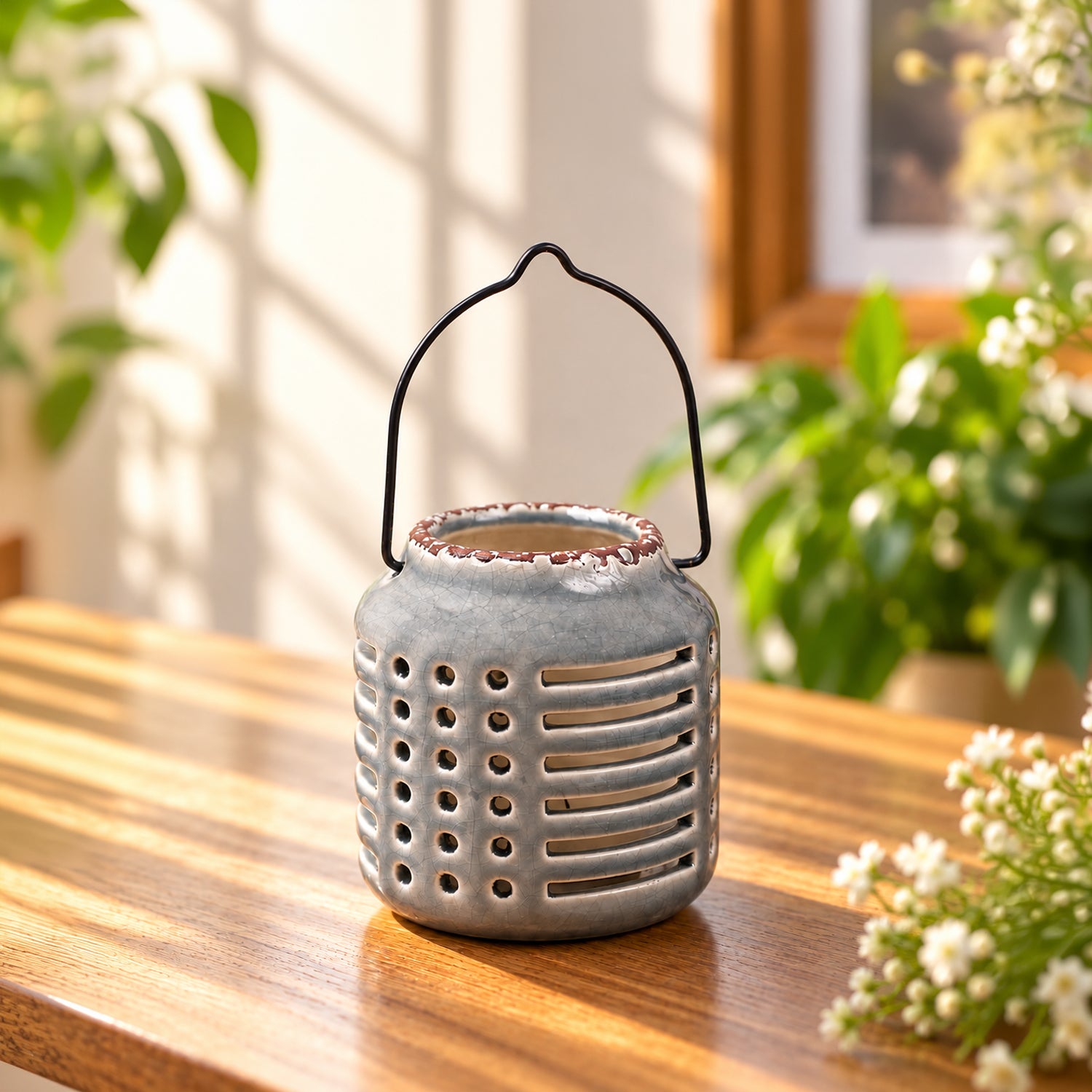 Blue Ceramic T-Lite Holder - Slotted Pattern, Flower Holder