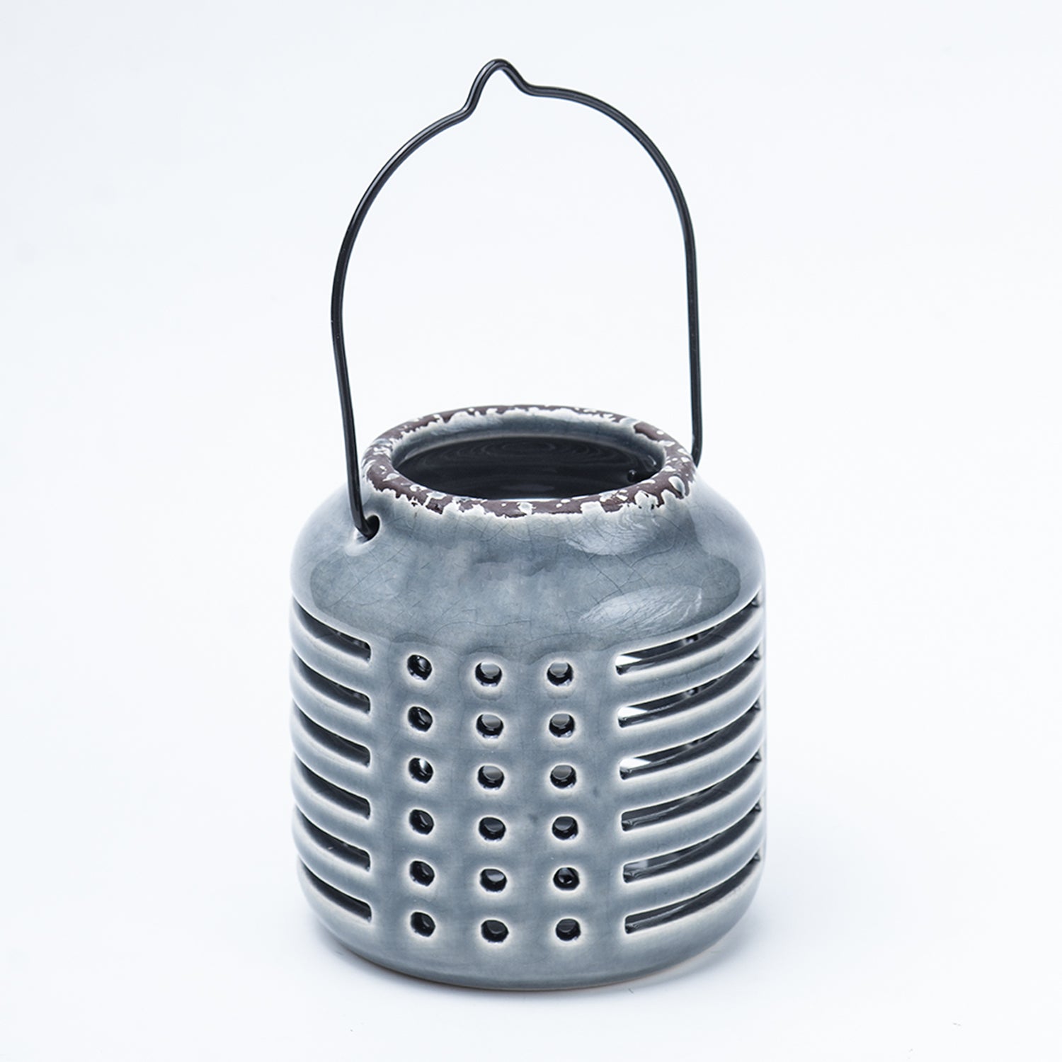 Blue Ceramic T-Lite Holder - Slotted Pattern, Flower Holder