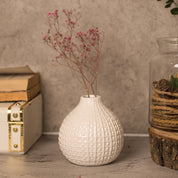 White Ceramic Round Vase - Textured Pattern, Flower Holder