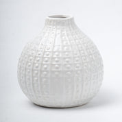 White Ceramic Round Vase - Textured Pattern, Flower Holder