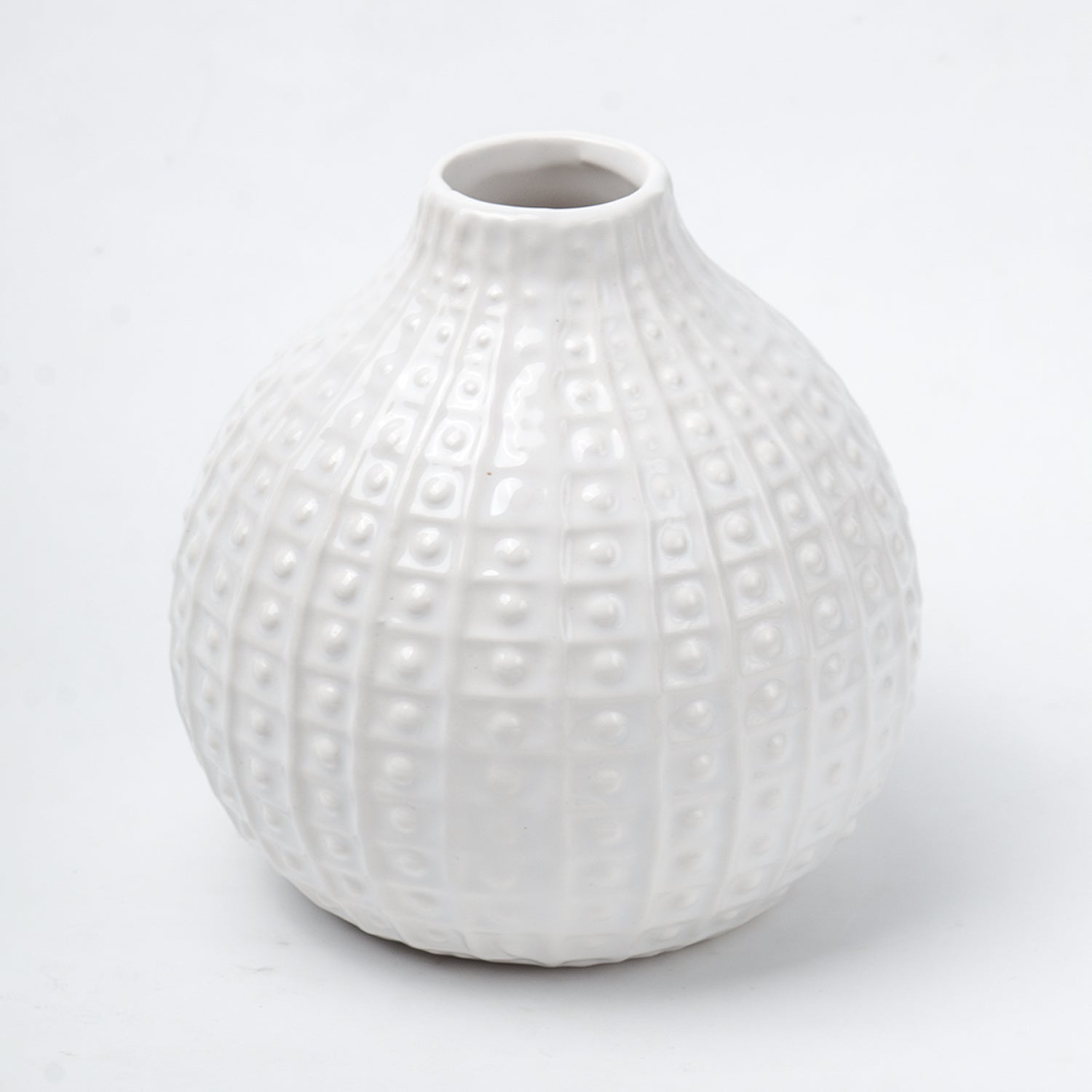 White Ceramic Round Vase - Textured Pattern, Flower Holder