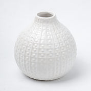 White Ceramic Round Vase - Textured Pattern, Flower Holder