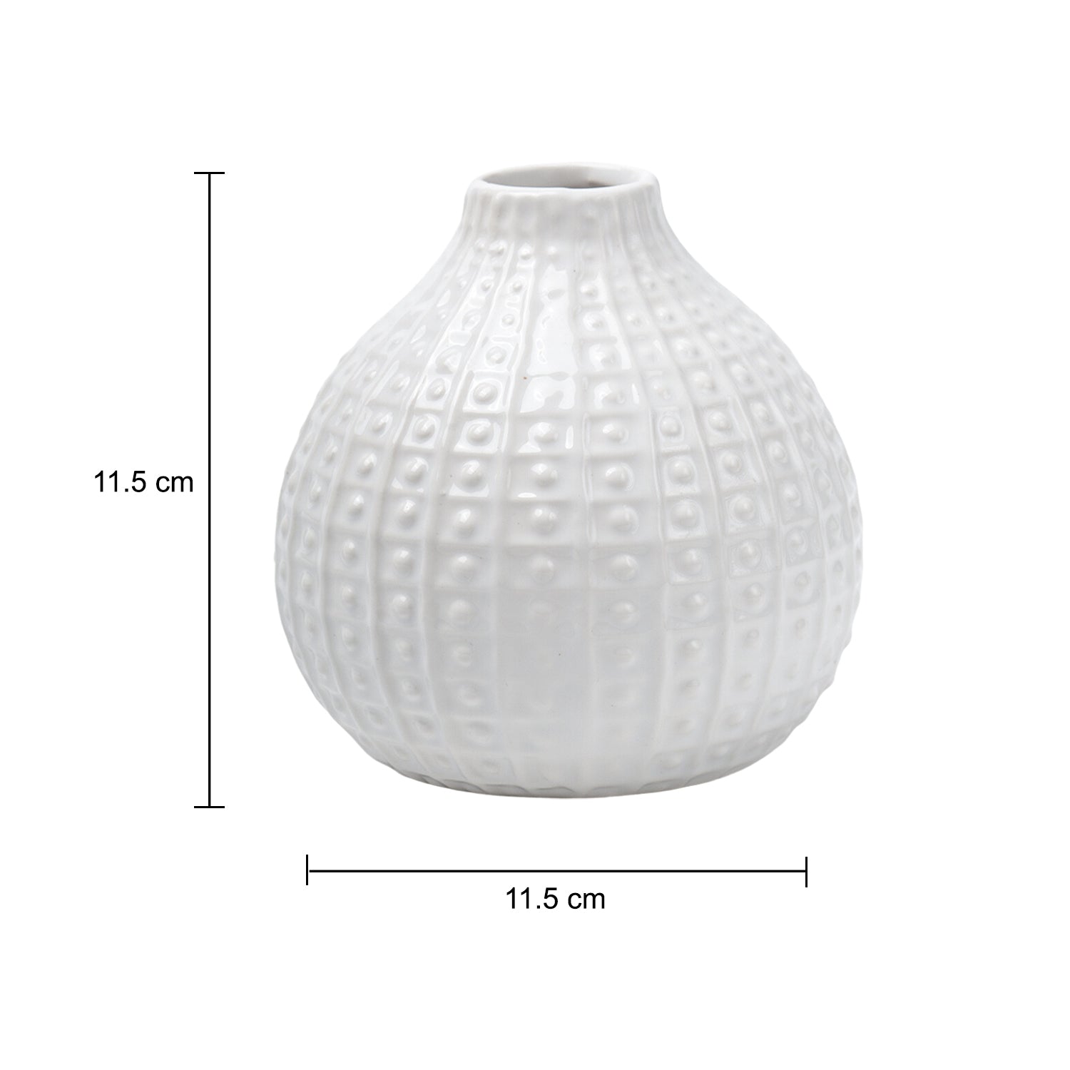 White Ceramic Round Vase - Textured Pattern, Flower Holder