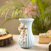 Blue Ceramic Curvy Vase - Engraved Floral Pattern, Flower Holder