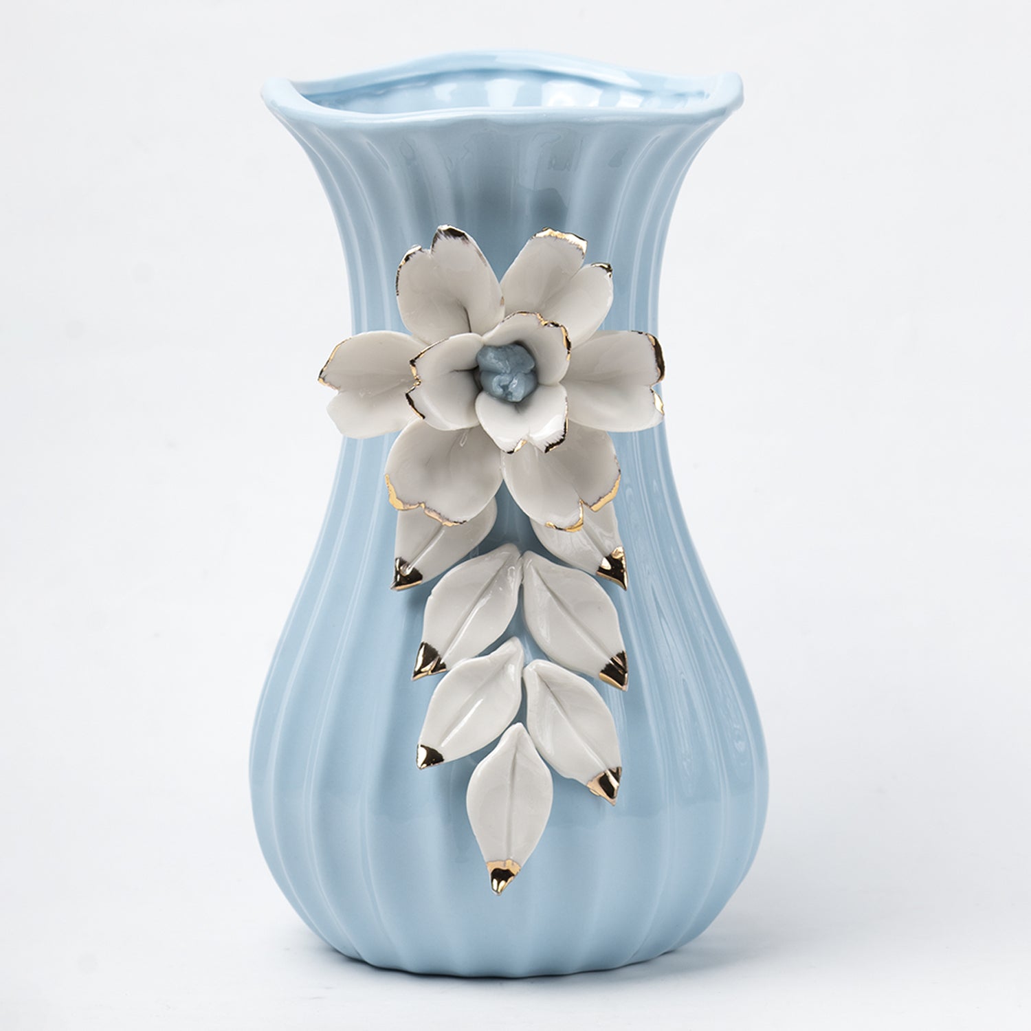 Blue Ceramic Curvy Vase - Engraved Floral Pattern, Flower Holder