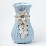 Blue Ceramic Curvy Vase - Engraved Floral Pattern, Flower Holder