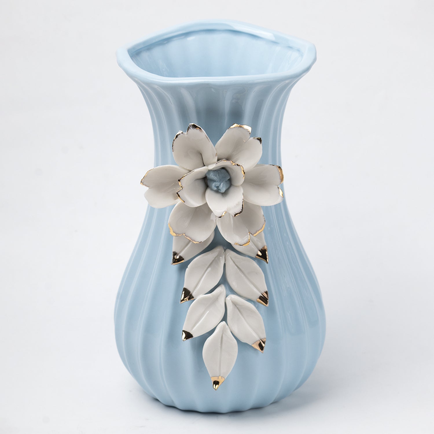 Blue Ceramic Curvy Vase - Engraved Floral Pattern, Flower Holder
