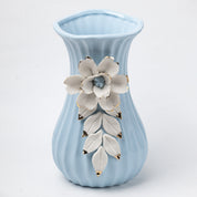 Blue Ceramic Curvy Vase - Engraved Floral Pattern, Flower Holder