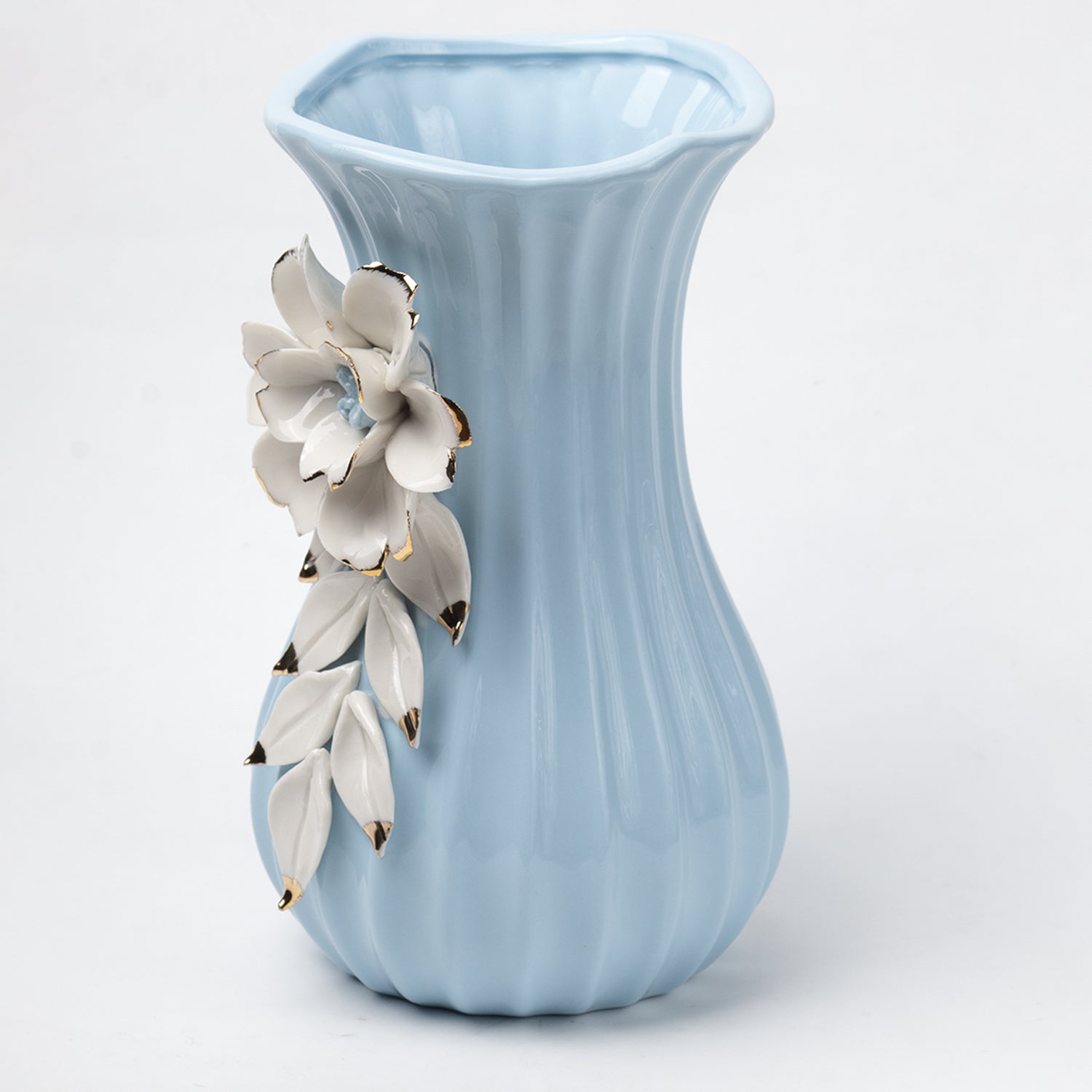 Blue Ceramic Curvy Vase - Engraved Floral Pattern, Flower Holder