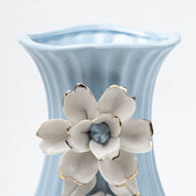 Blue Ceramic Curvy Vase - Engraved Floral Pattern, Flower Holder