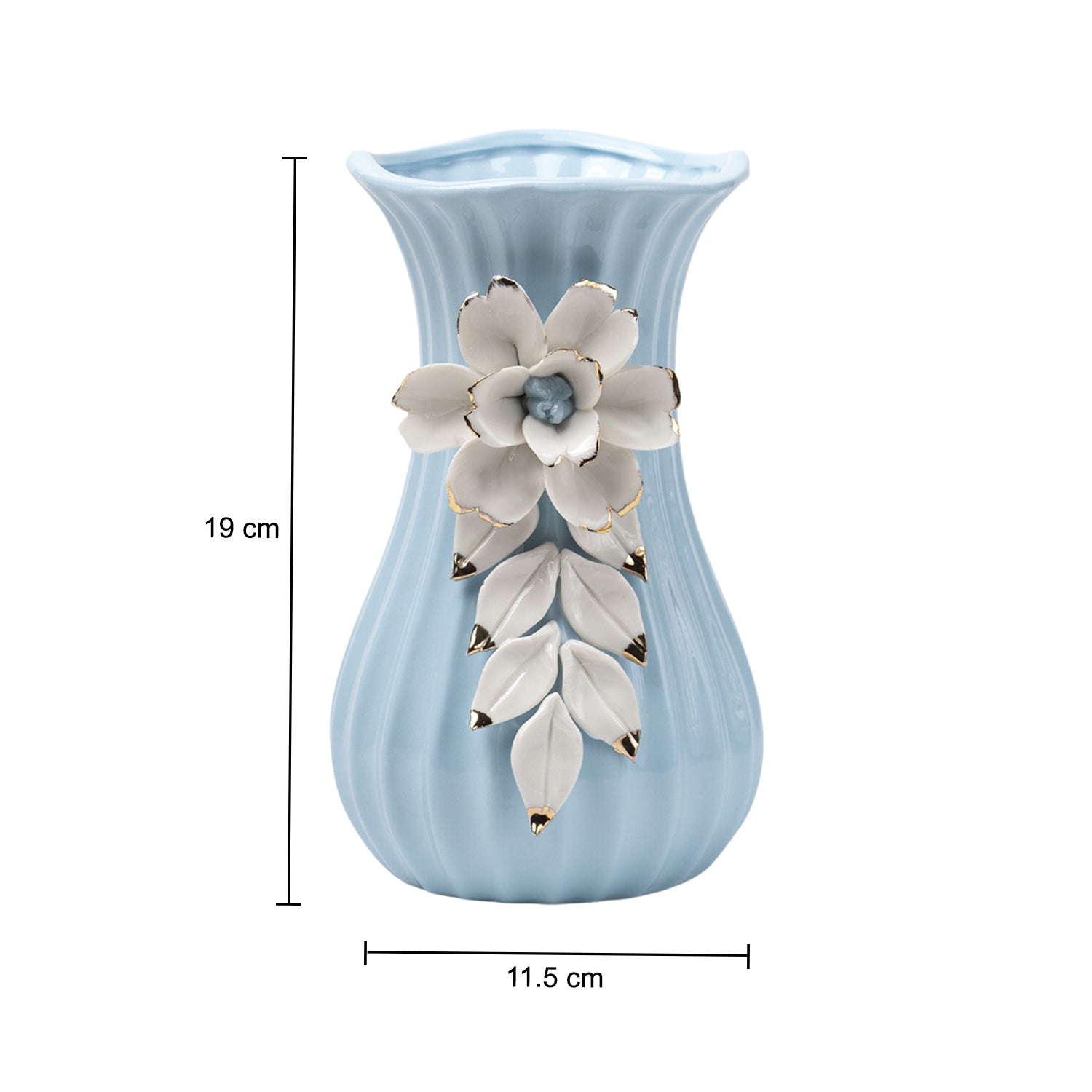 Blue Ceramic Curvy Vase - Engraved Floral Pattern, Flower Holder