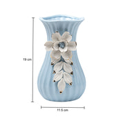 Blue Ceramic Curvy Vase - Engraved Floral Pattern, Flower Holder