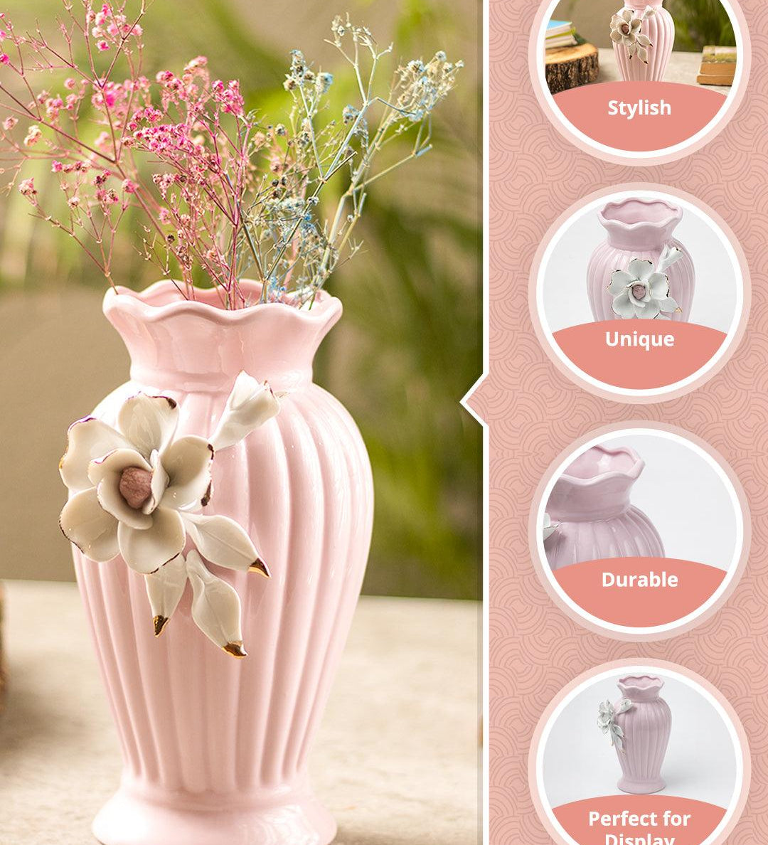 Light Pink Ceramic Curvy Vase - Engraved Floral Pattern, Flower Holder - MARKET99